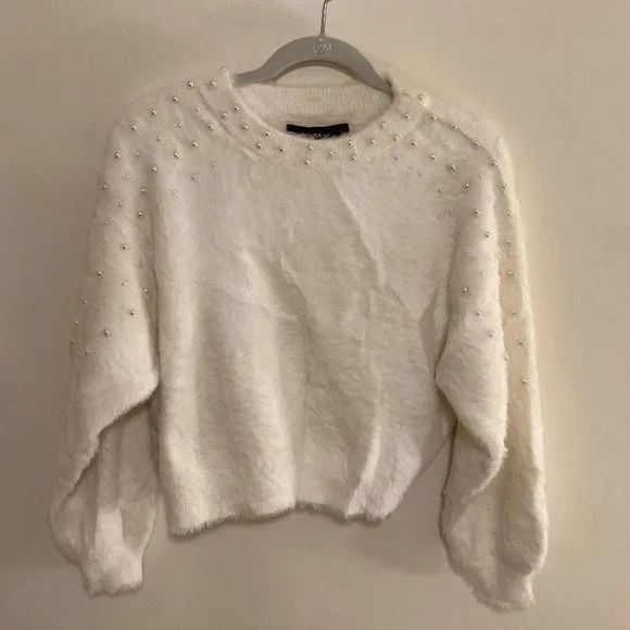 Zara Sweaters Zara Knit Cropped Fuzzy Sweater With Pearls